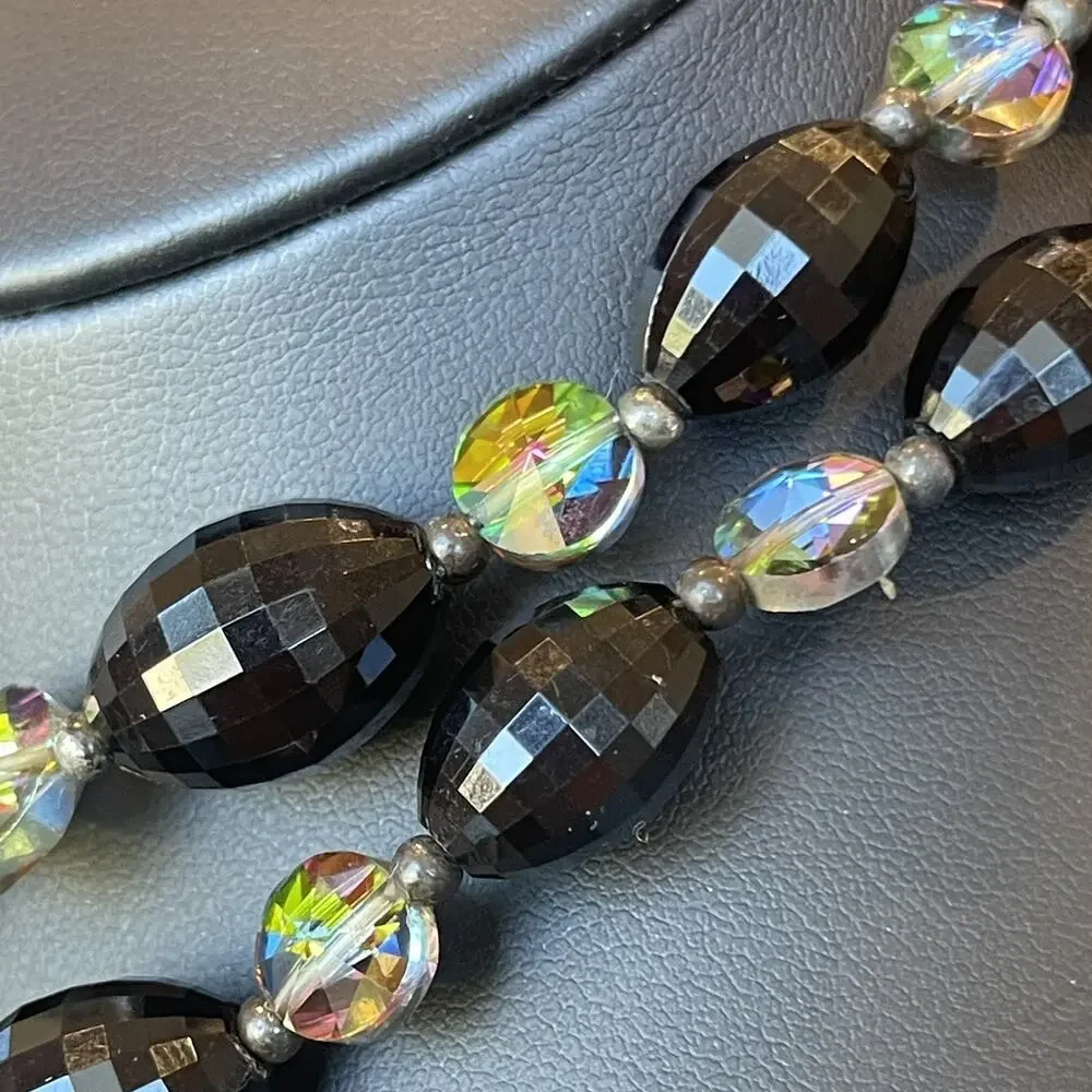 Vintage 2 Strand Black Faceted Beads Oval Peacock AB Color Beaded Necklace 16